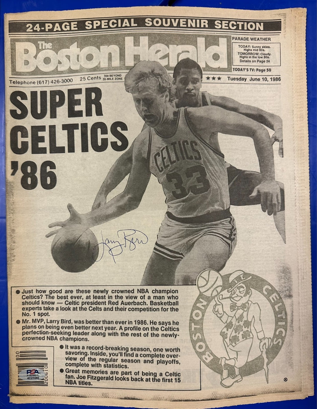 Larry Bird Autographed 6/10/1986 Issue of the Boston Herald NBA Champs PSA/DNA