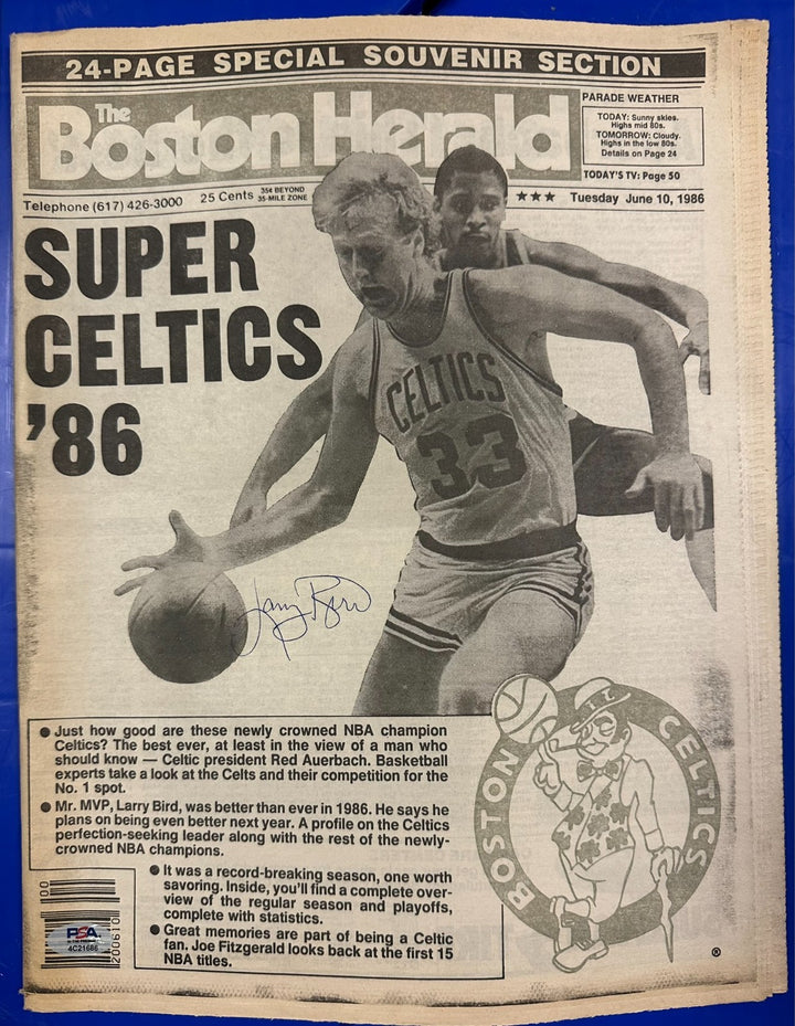 Larry Bird Autographed 6/10/1986 Issue of the Boston Herald NBA Champs PSA/DNA