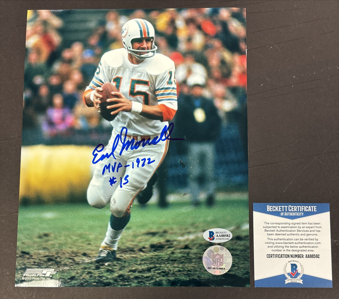 Earl Morrall Autographed Miami Dolphins 8x10 Photo W/ MVP 1972 Insc BAS