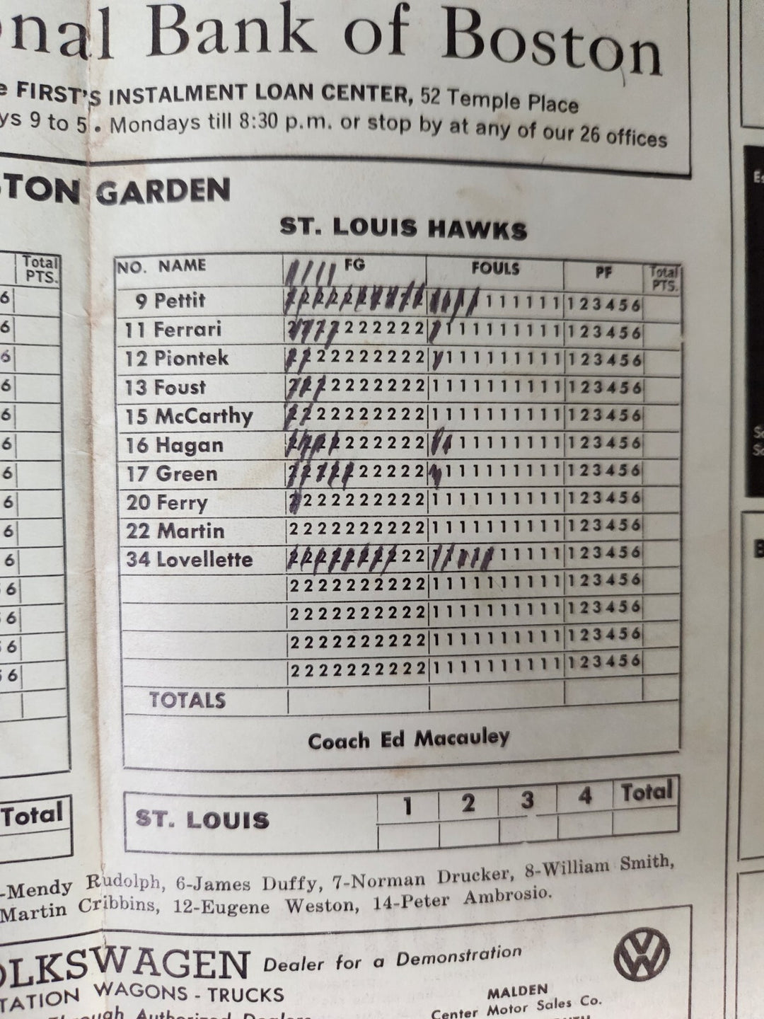 1960 NBA Finals Boston Celtics Vs. St. Louis Hawks Program Game 2 March 29, 1960