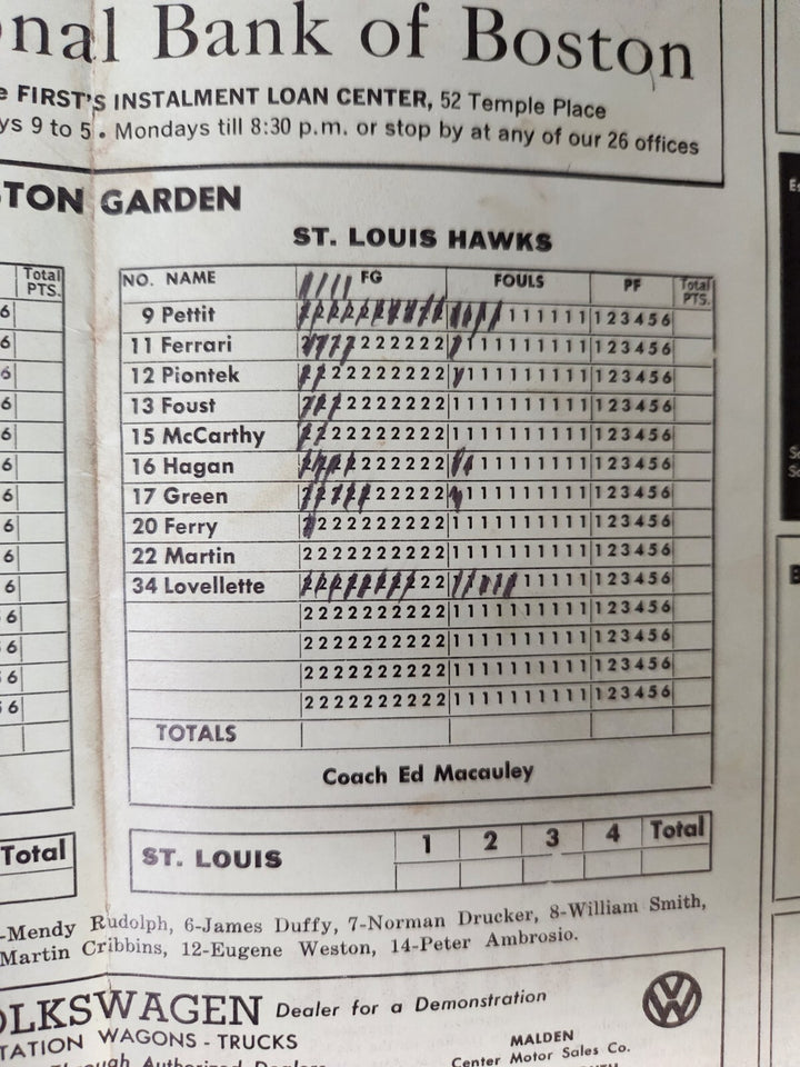 1960 NBA Finals Boston Celtics Vs. St. Louis Hawks Program Game 2 March 29, 1960
