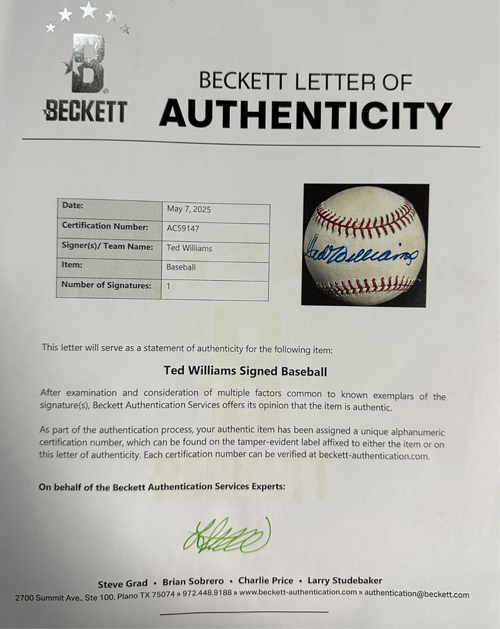 Ted Williams Autographed Rawlings OAL Baseball BAS HOF Boston Red Sox