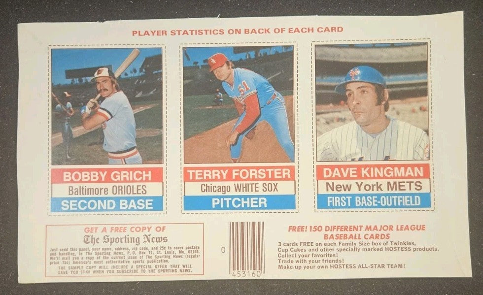 1976 Hostess All Star Team 3 Card Partial Uncut Panel Dave Kingman Bobby Grich