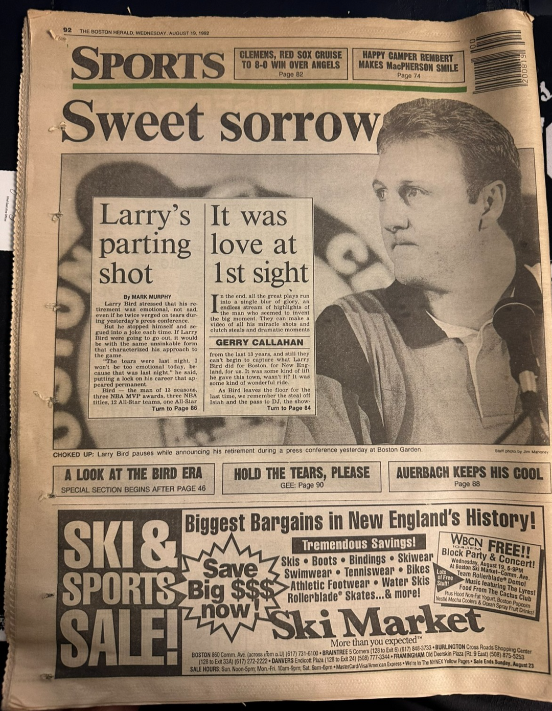 Larry Bird Autographed 8/19/1992 Issue of the Boston Herald Larry Retires