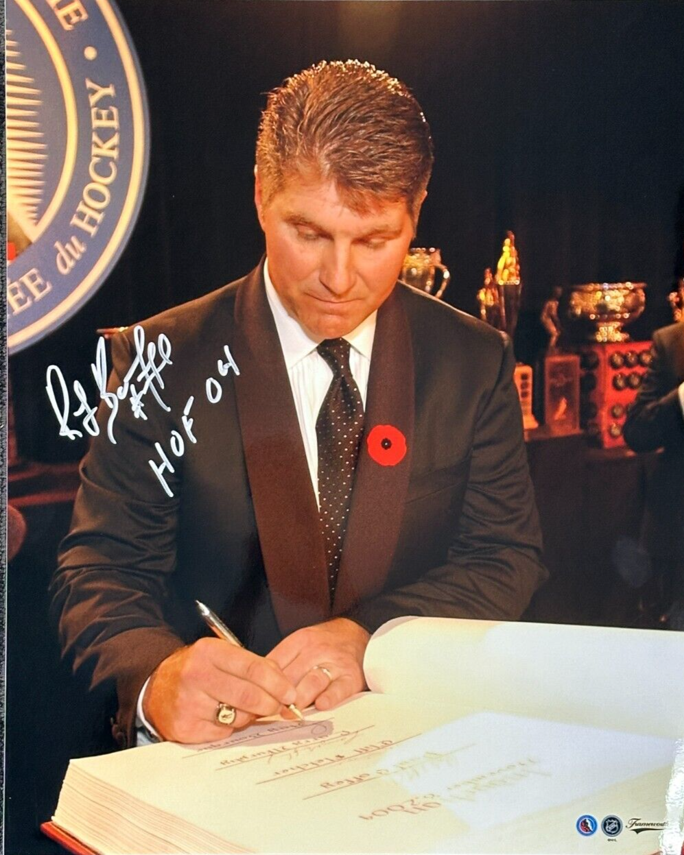 Ray Bourque Autographed 16x20 Photo Hockey Hall of Fame Induction W/ HOF 04