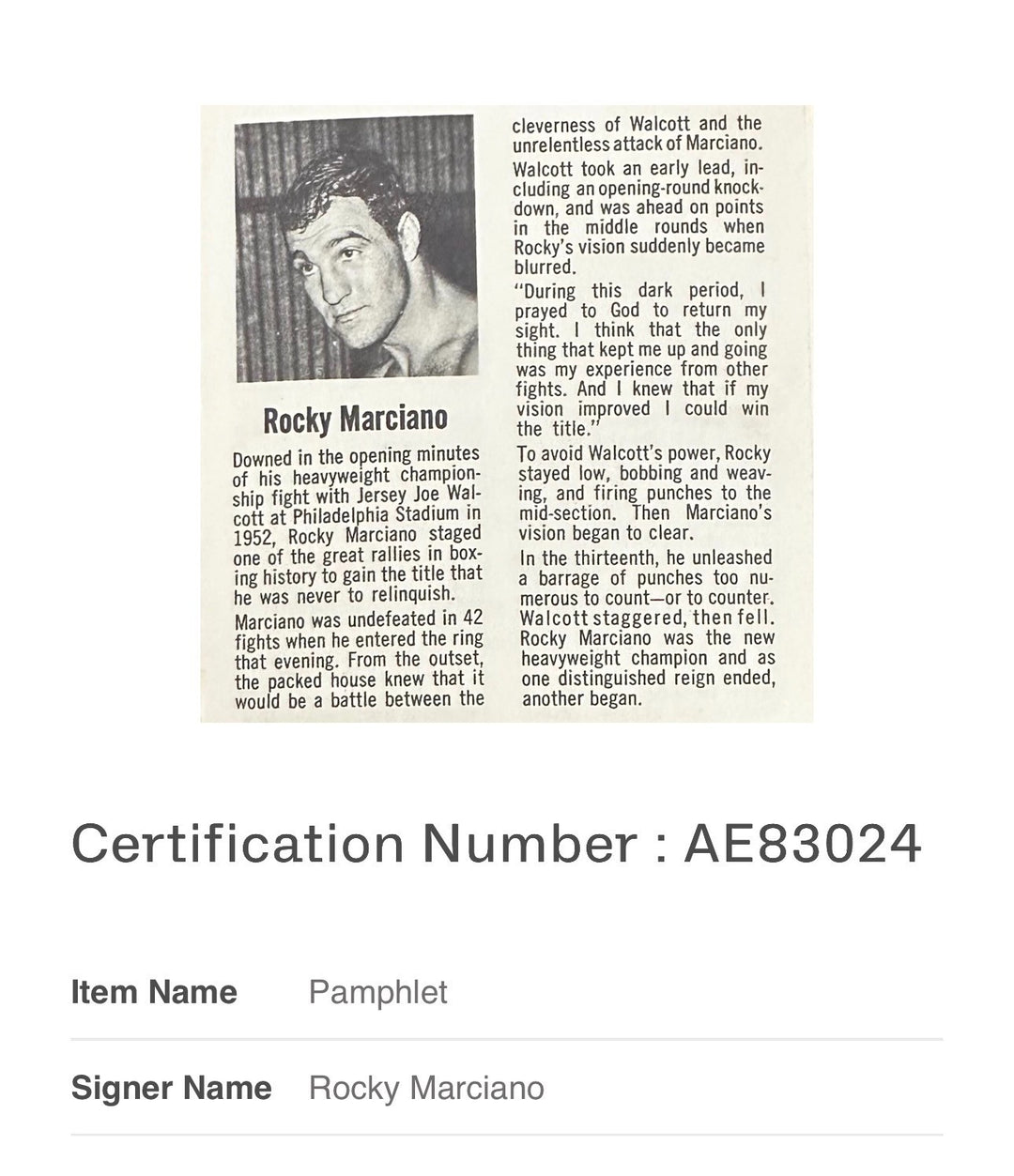 Rocky Marciano Autographed 1950's Great Moments in Sports Booklet BAS