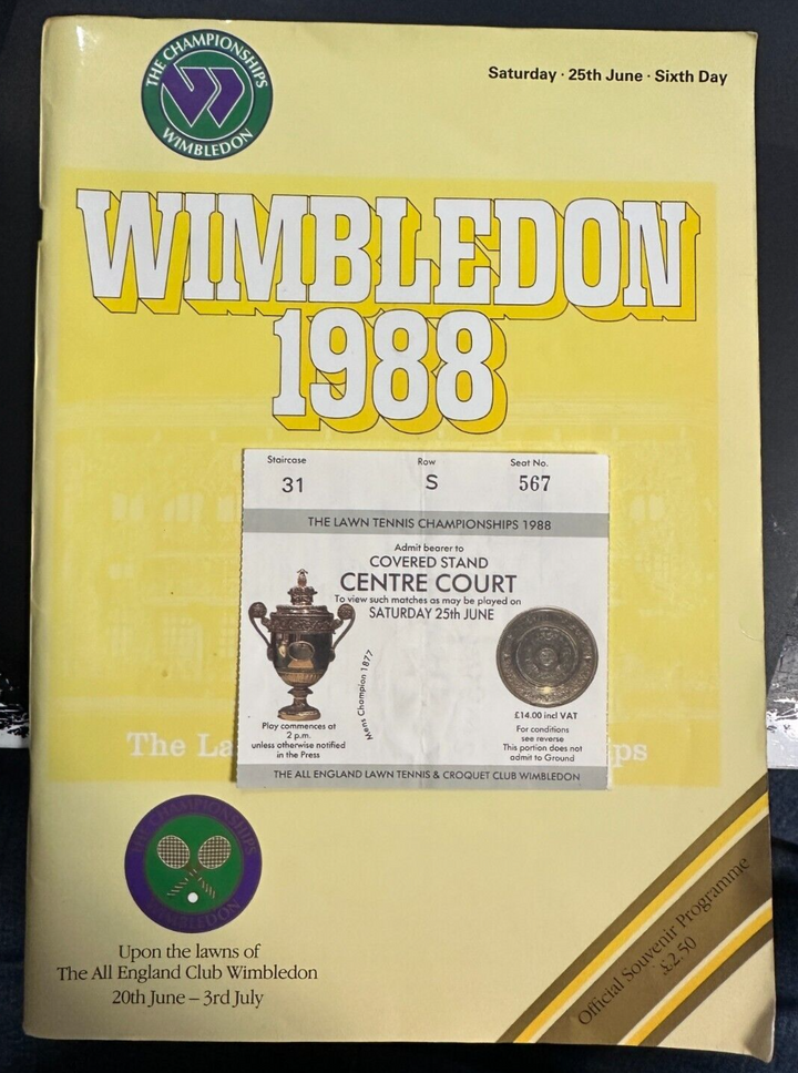 June 25, 1988 Wimbledon Tennis Championships Program & Ticket Stub