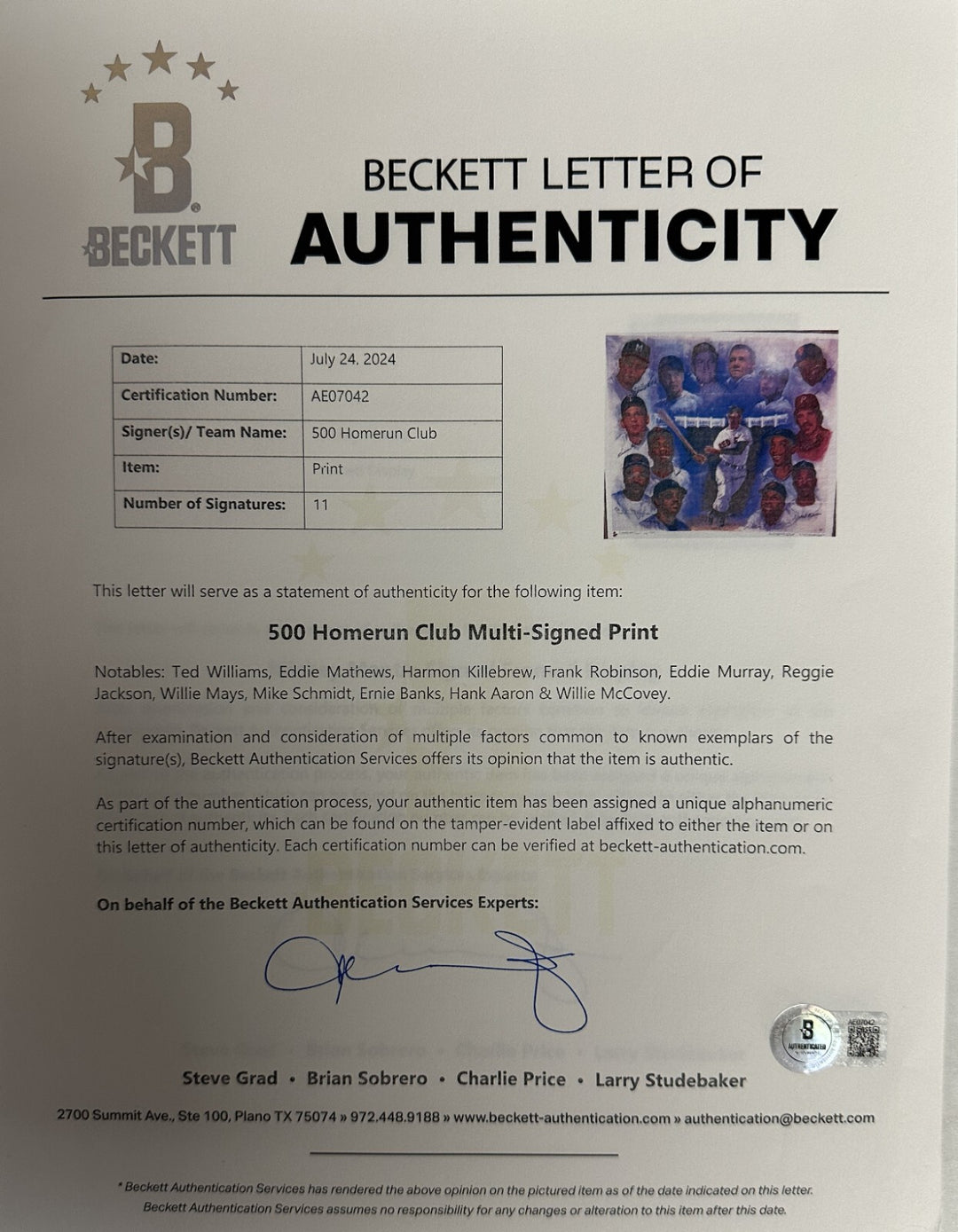 Williams Mays Aaron Schmidt Banks Autographed 500 Career Homerun Print BAS