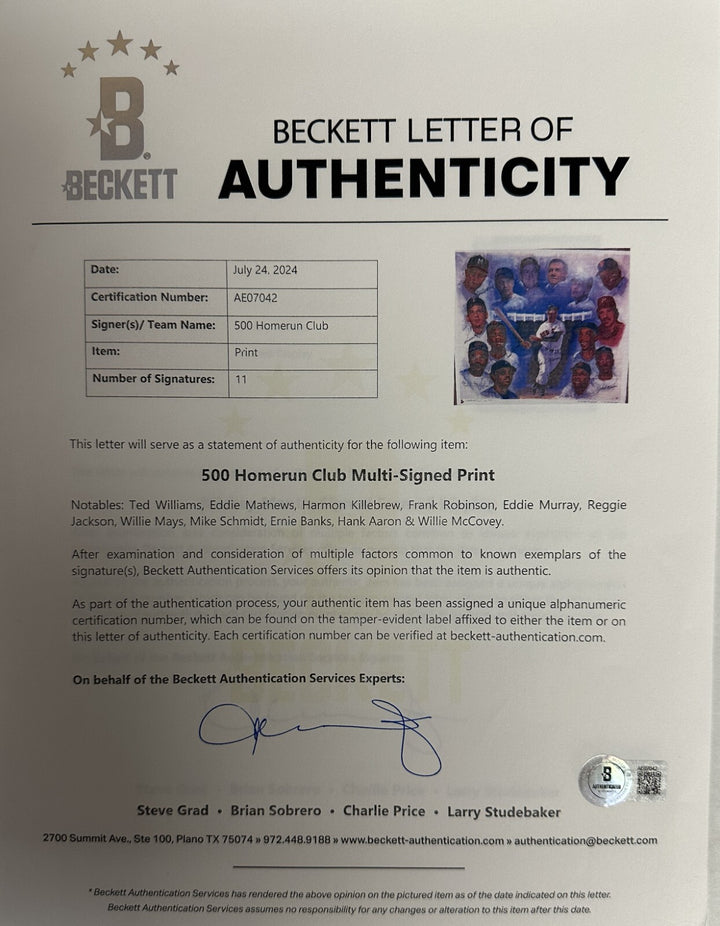 Williams Mays Aaron Schmidt Banks Autographed 500 Career Homerun Print BAS