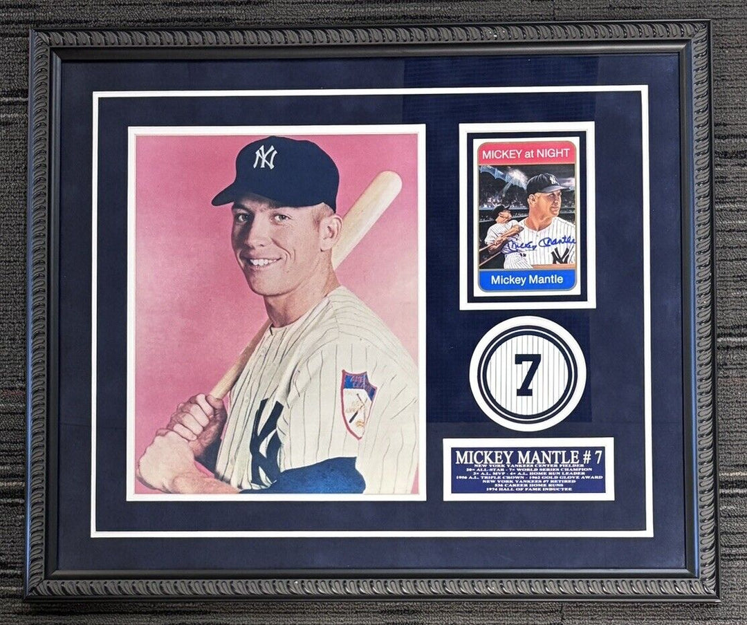 Mickey Mantle Signed Sports Impression 5x7 Card Framed With Photo Beckett LOA