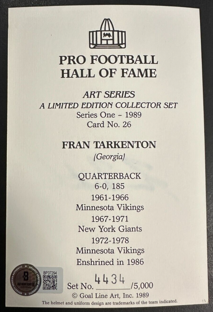 Fran Tarkenton Autographed Goal Line Art Postcard Vikings /5000 HOF BAS