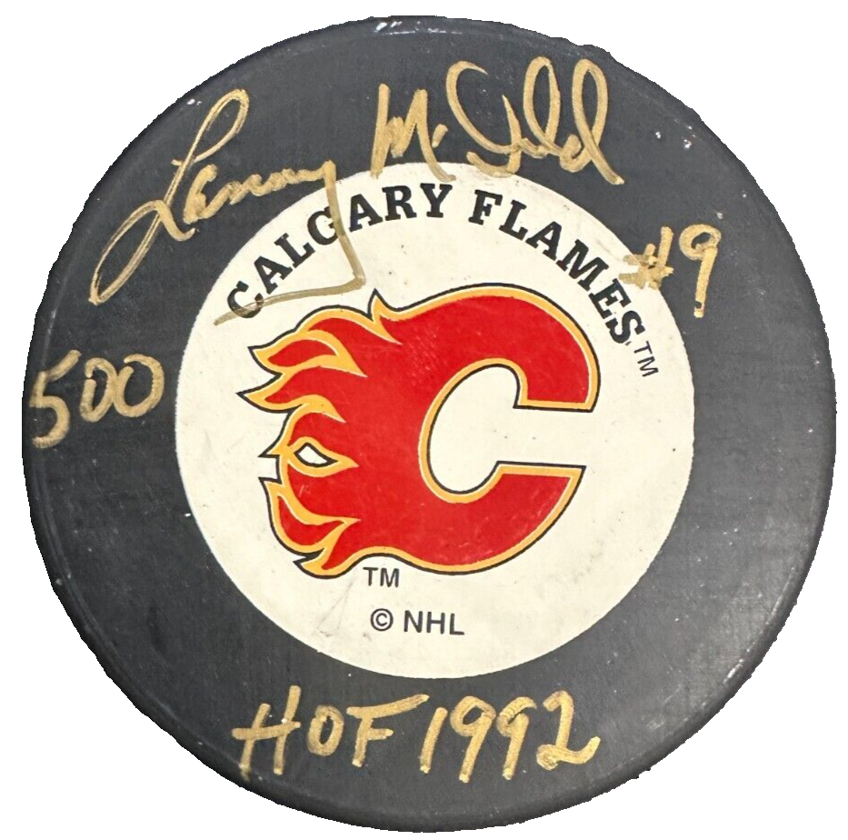 Lanny McDonald Autographed Calgary Flames Hockey Puck W/ HOF 92 & 500 Insc