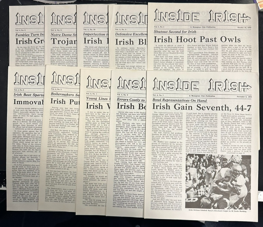 Lot of 10 1973 Inside Irish Notre Dame Football Newsletters Vintage