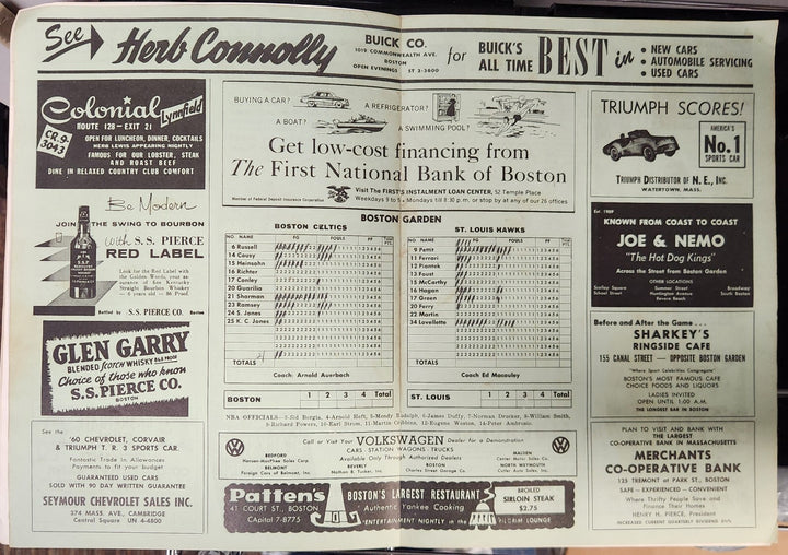 1960 NBA Finals Boston Celtics Vs. St. Louis Hawks Program Game 2 March 29, 1960