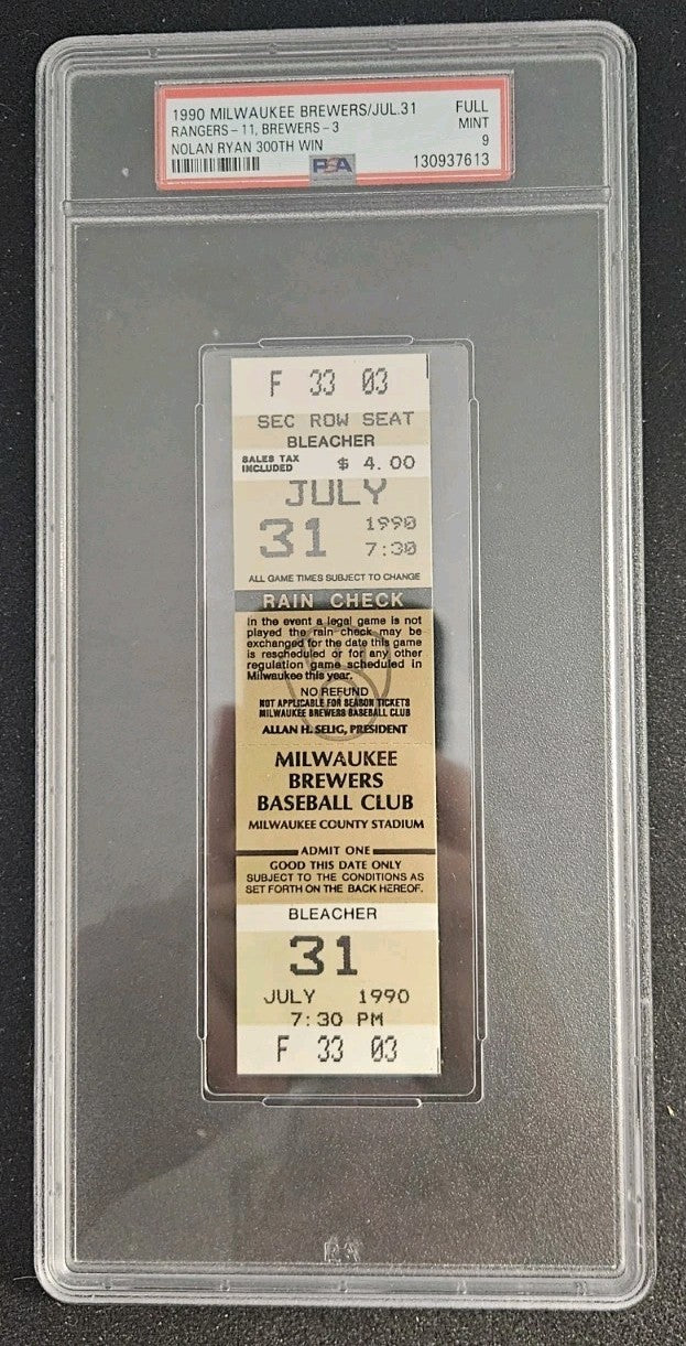 Nolan Ryan 300th Win Full Ticket 1990 Texas Rangers vs. Milwaukee Brewers PSA 9