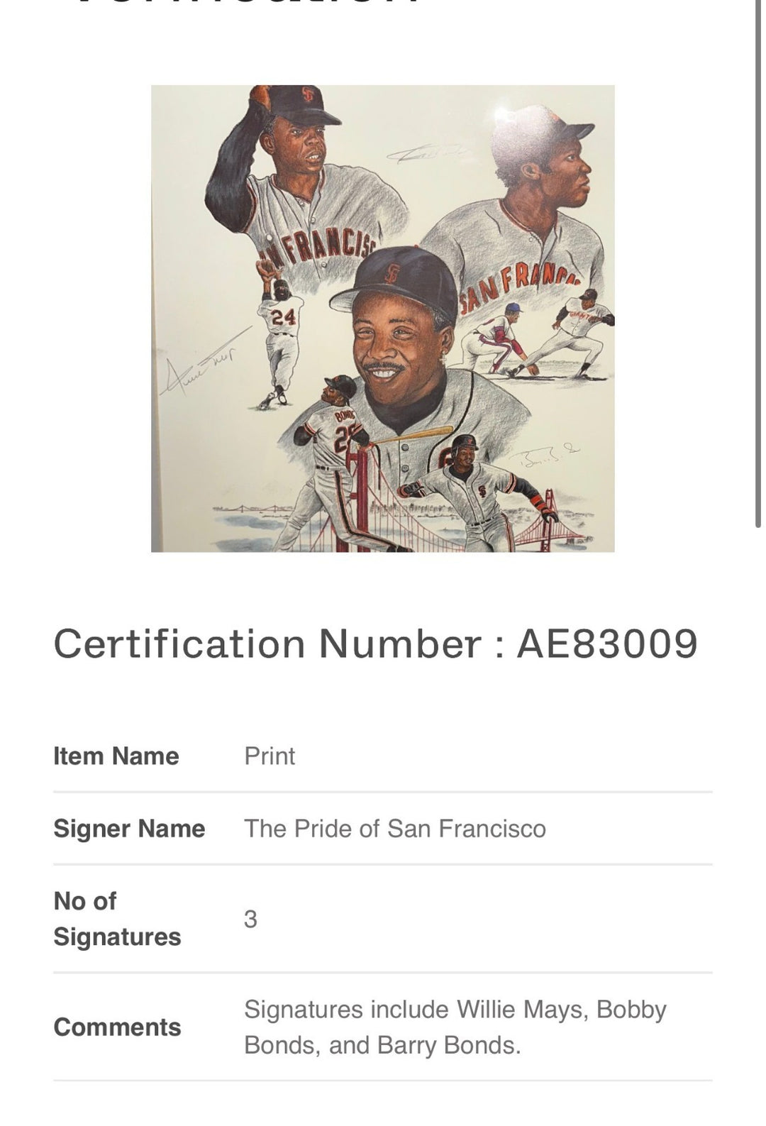Willie Mays, Bobby & Barry Bonds Signed Pride of San Francisco Print BAS HOF