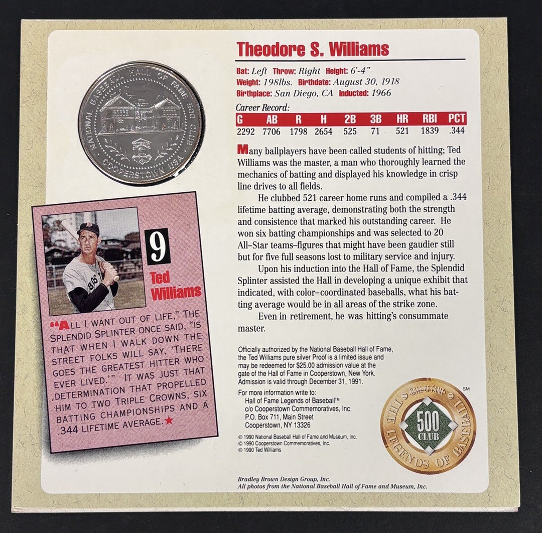 Ted Williams Hall Of Fame Signed Silver Proof Coin Green Diamond COA Red Sox HOF
