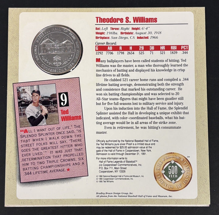 Ted Williams Hall Of Fame Signed Silver Proof Coin Green Diamond COA Red Sox HOF