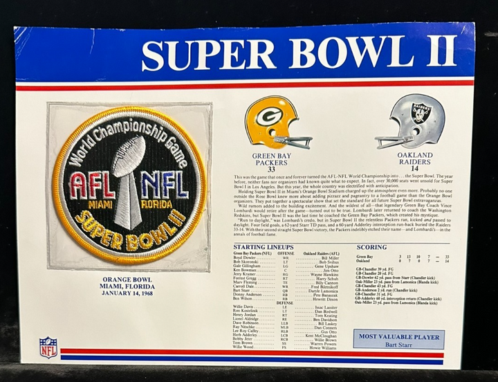 NFL Super Bowl Patch Willabee & Ward Collection SB II Packers Vs Raiders