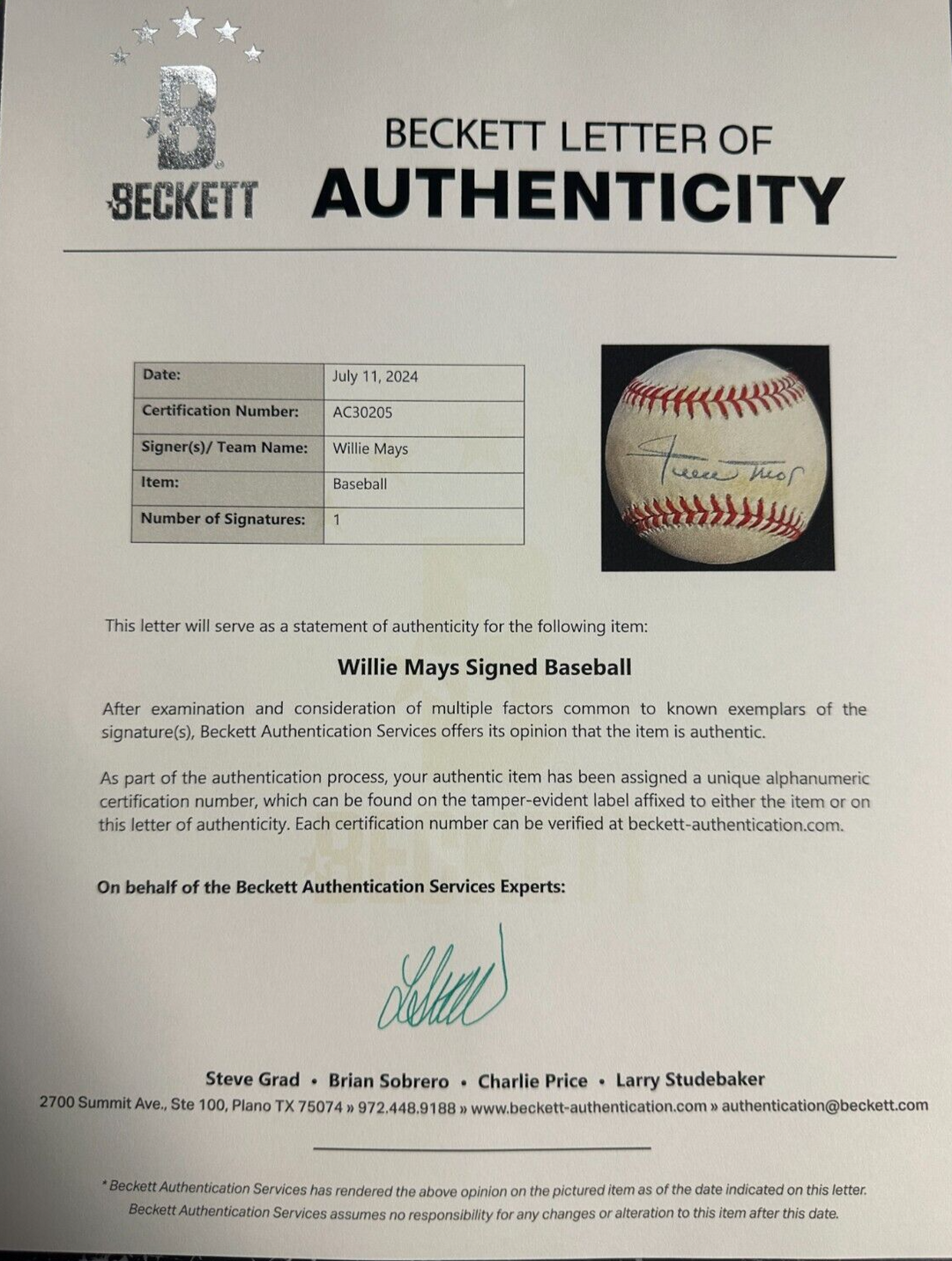 Willie Mays Autographed William White National League Baseball Giants HOF BAS