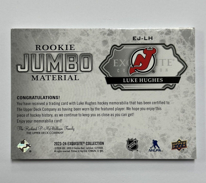 2023-24 Luke Hughes Exquisite Rookie Jumbo Material Logo Patch 3/5 Devils