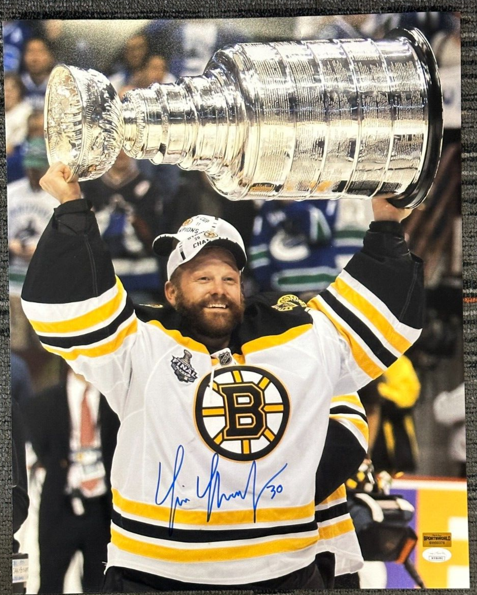 Tim Thomas Autographed 16x20 Boston Bruins W/ Stanley Cup Photo JSA #2