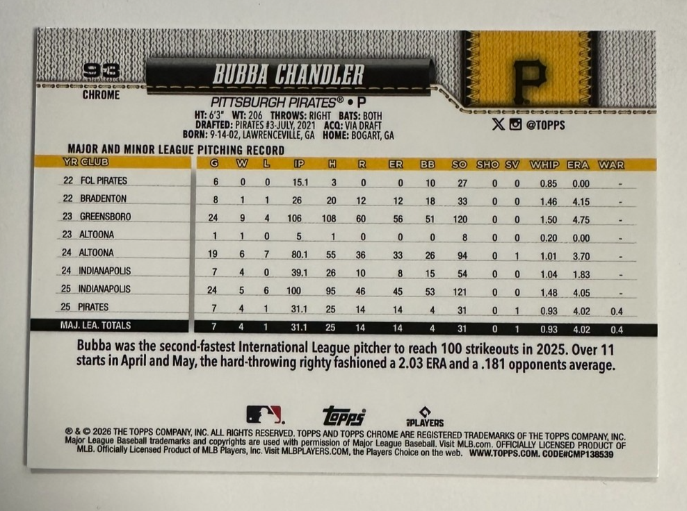 Topps 2026 Chrome Bubba Chandler RC Pirates Red White & Blue Parallel