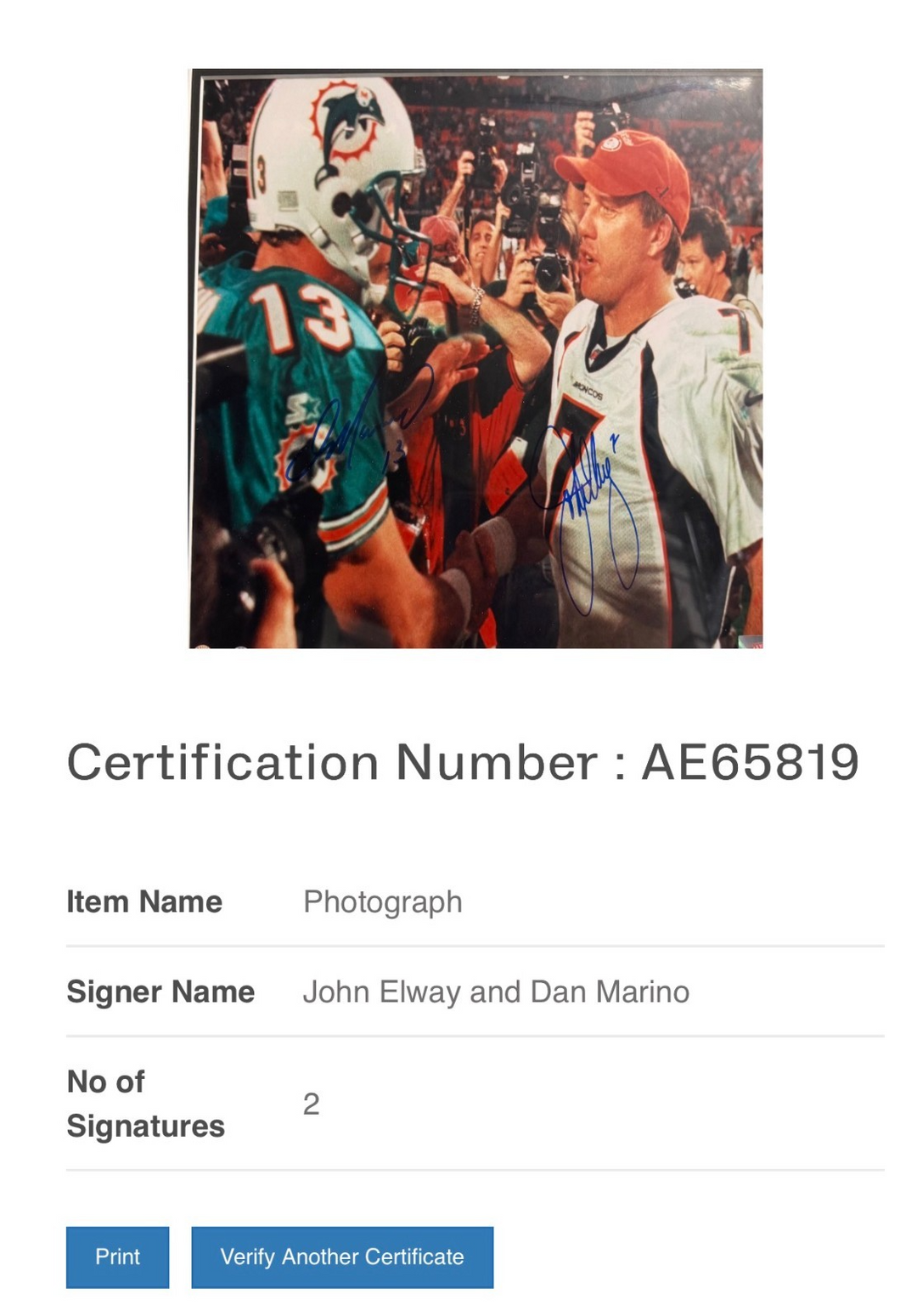 Dan Marino & John Elway Autographed 11x14 Photo Framed BAS Dolphins Broncos HOF