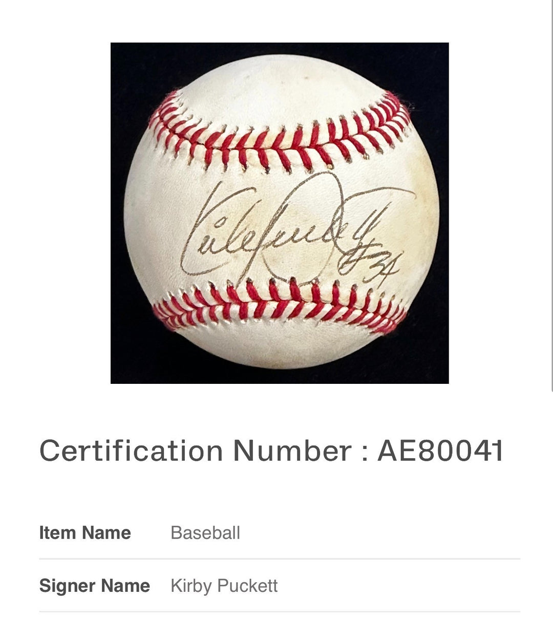 Kirby Puckett Autographed Official American League Baseball BAS Twins HOF