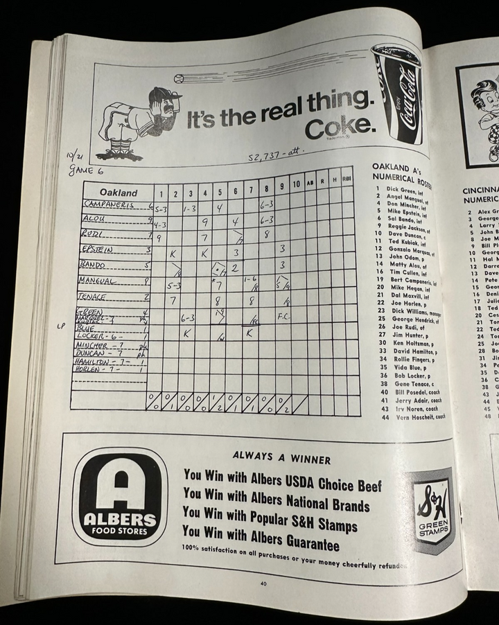 1972 World Series Program Oakland A's Vs Cincinnati Reds Game 6 Scored