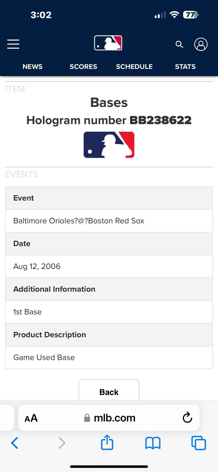 2006 MLB First Base Baltimore Orioles At Boston Red Sox 8/12/06 MLB Authentic