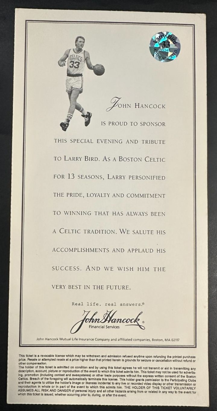 Larry Bird Autographed Larry Bird Night Ticket 2/4/1993 Celtics Bird Hologram