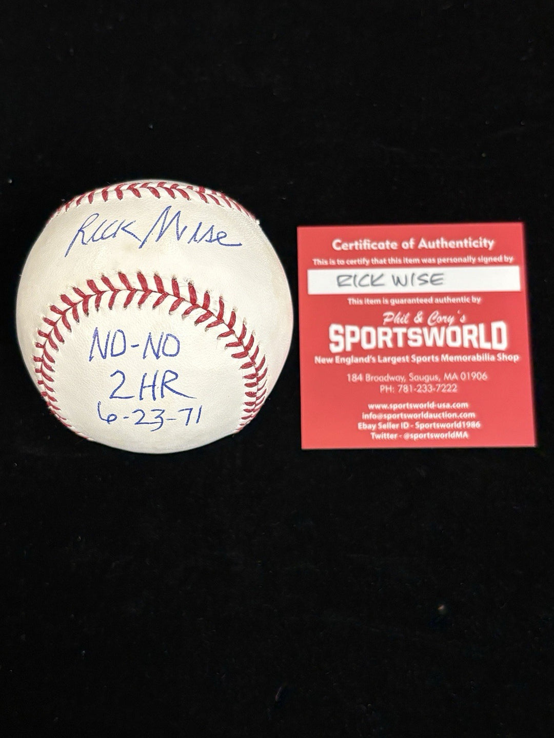 Rick Wise No-No 2 HR 6-23-71 Inscribed OMLB Phillies Sportsworld COA