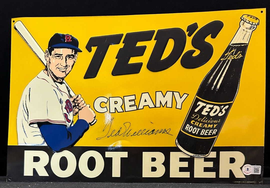 Ted Williams Autographed Ted's Creamy Root Beer Metal Sign BAS Red Sox HOF