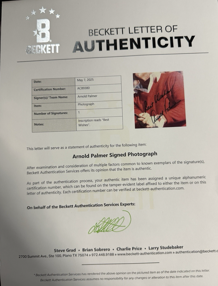 Arnold Palmer Autographed 8x10 PGA Photo HOF BAS
