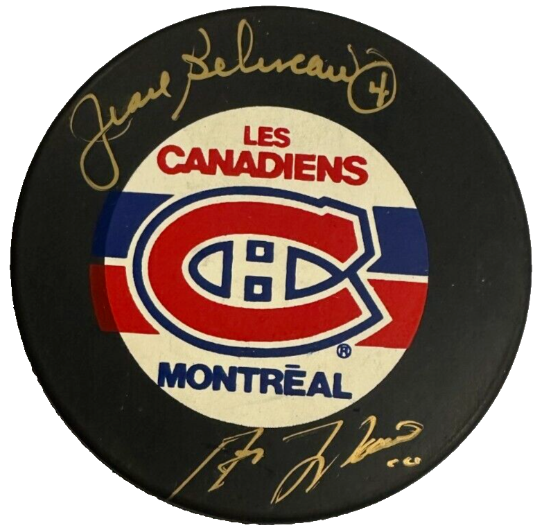 Jean Beliveau & Guy LaFleur Autographed Montreal Canadiens Game Puck HOF BAS