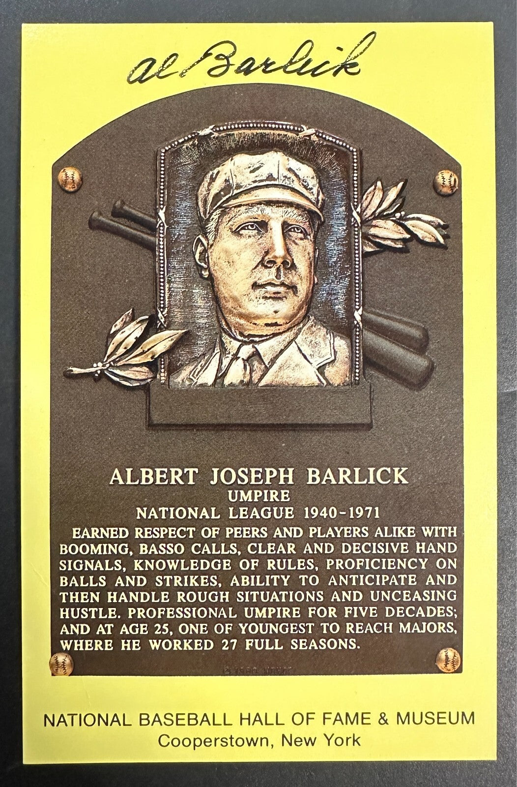 Al Barlick Autographed MLB Hall Of Fame Postcard MLB