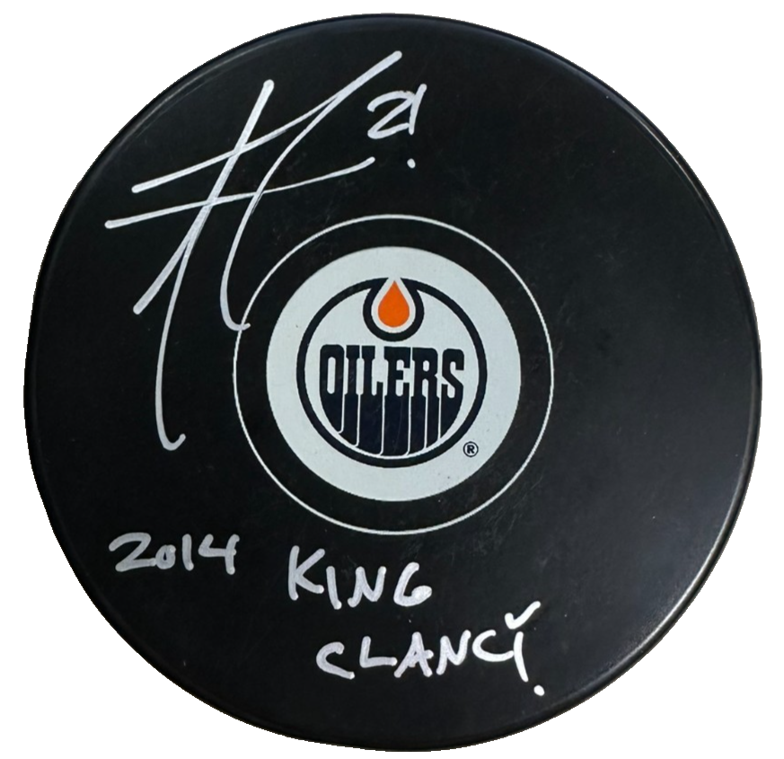 Andrew Ference Autographed Edmonton Oilers Puck JSA W/ 2014 King Clancy Insc