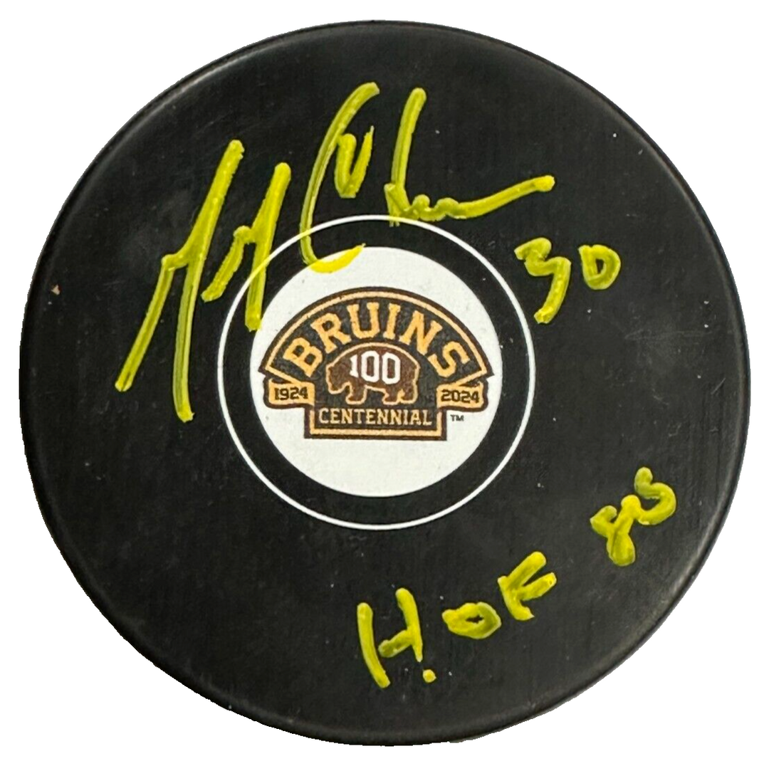 Gerry Cheevers Autographed Boston Bruins 100th Anniversary Puck W/ HOF 85