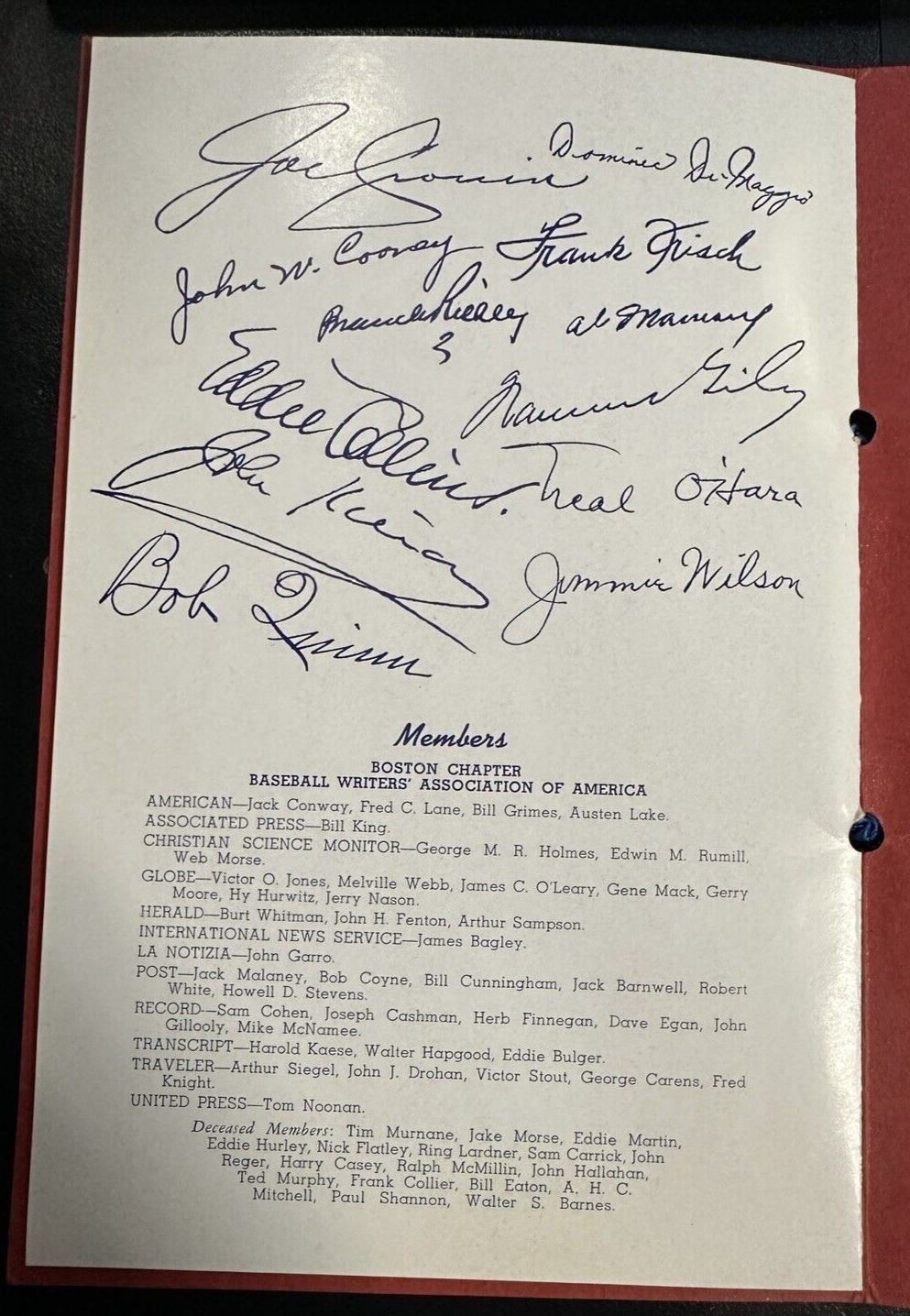 Jan 30, 1941 Fifth Annual Baseball Writers Association of America Dinner Program