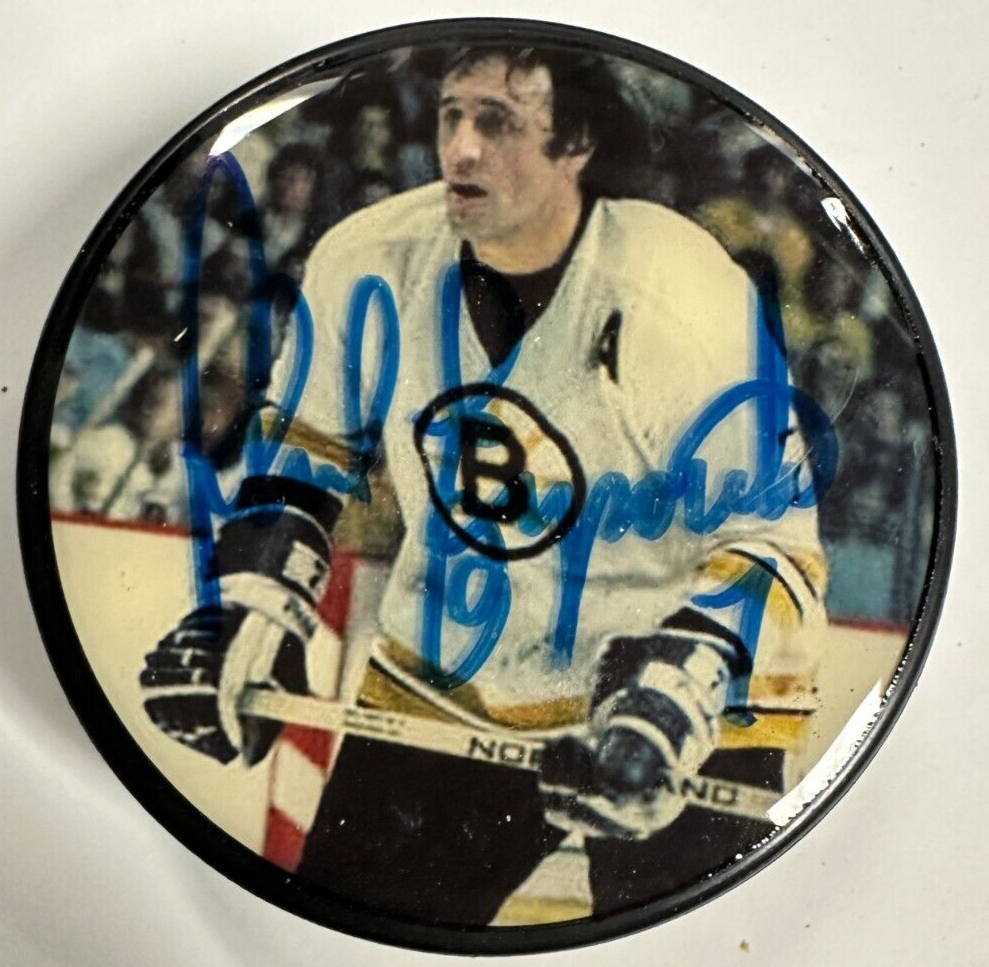 Phil Esposito Autographed Boston Bruins Photo Hockey Puck HOF