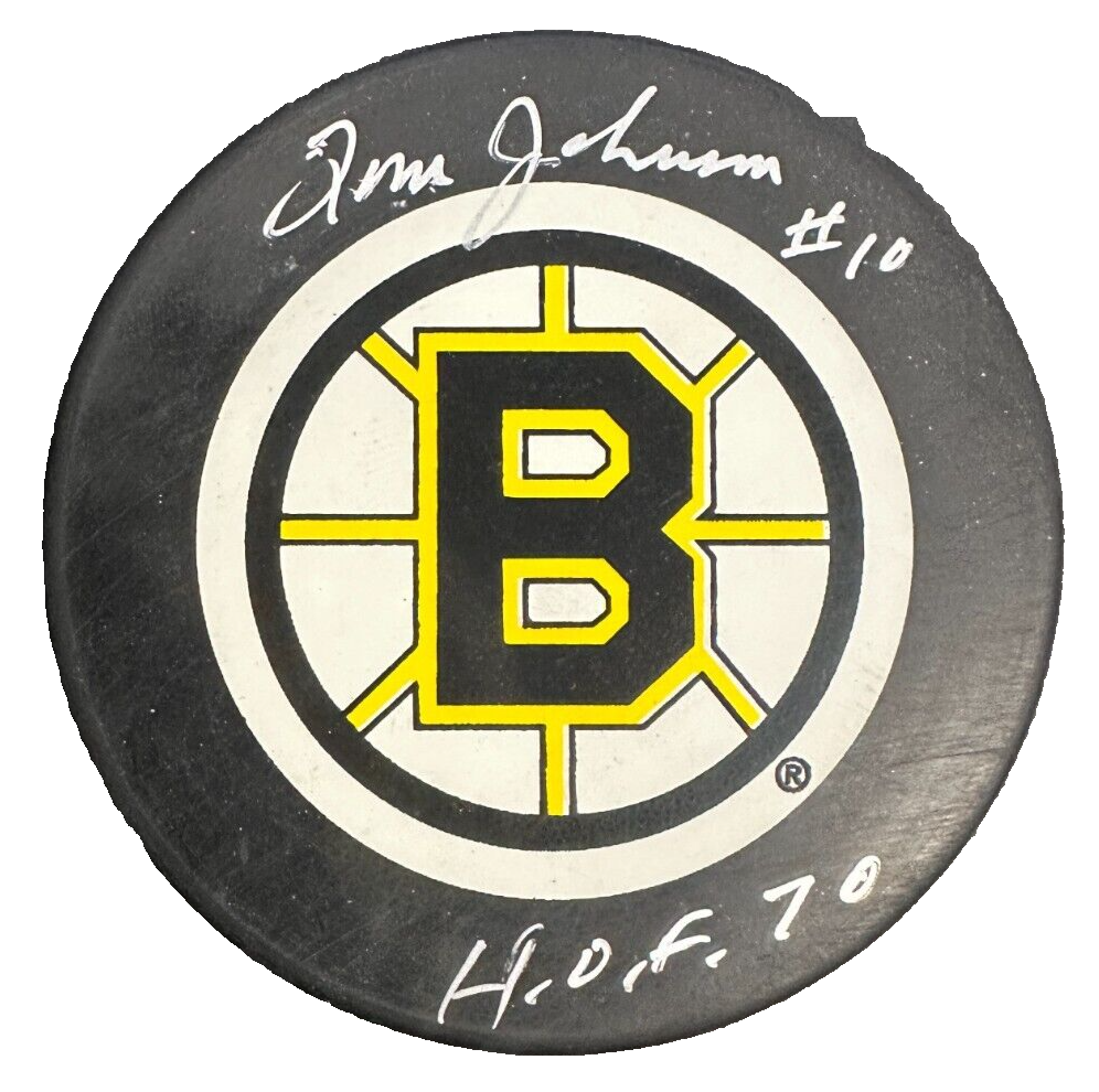 Tom Johnson Autographed Boston Bruins Hockey Puck W/ HOF 70 Insc