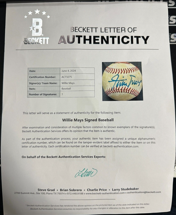 Willie Mays Autographed Hand Painted National League Baseball HOF Giants BAS 1/1