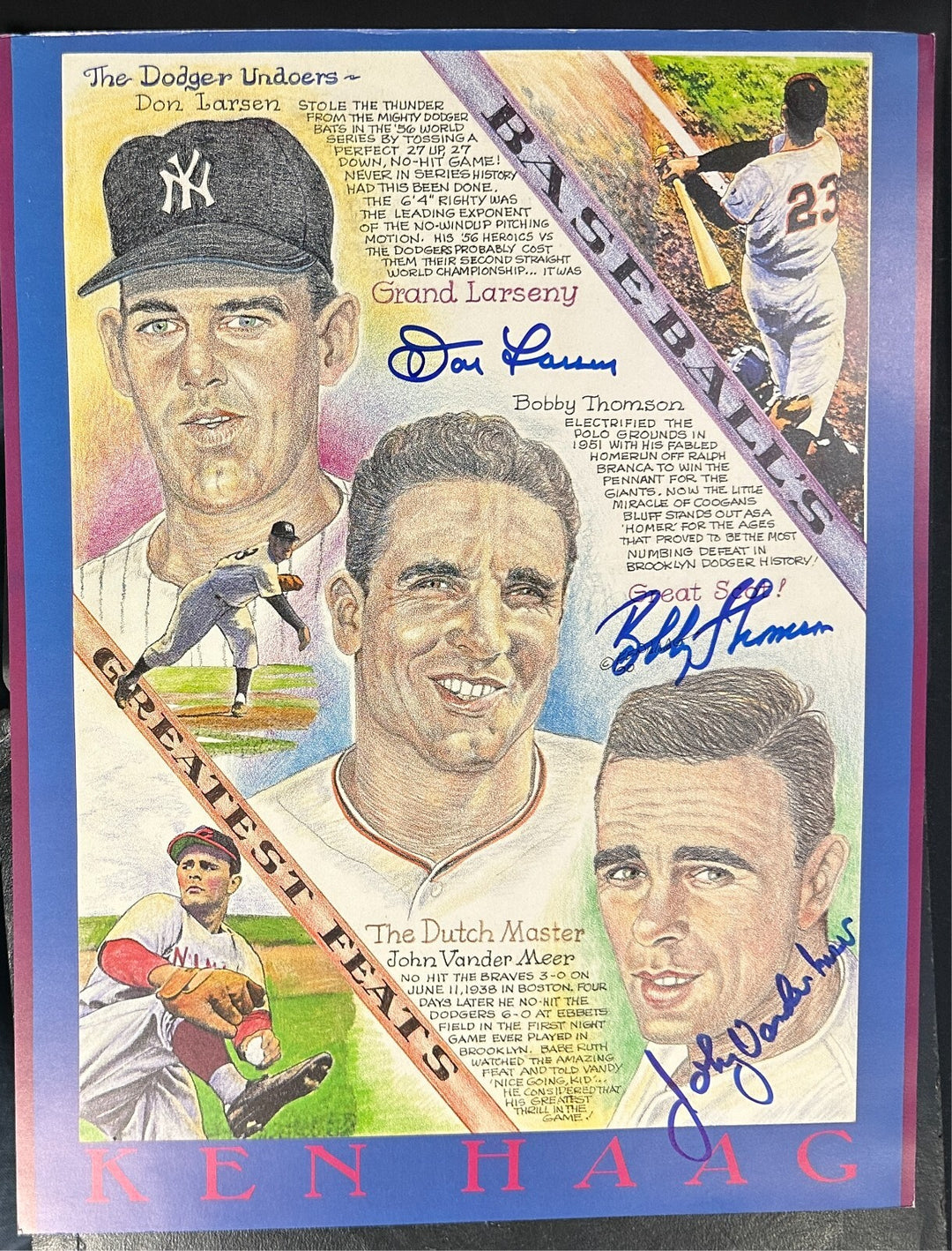 Larsen Vander Meer & Thomson Signed 11x14 Ken Haag Lithograph Greatest Feats