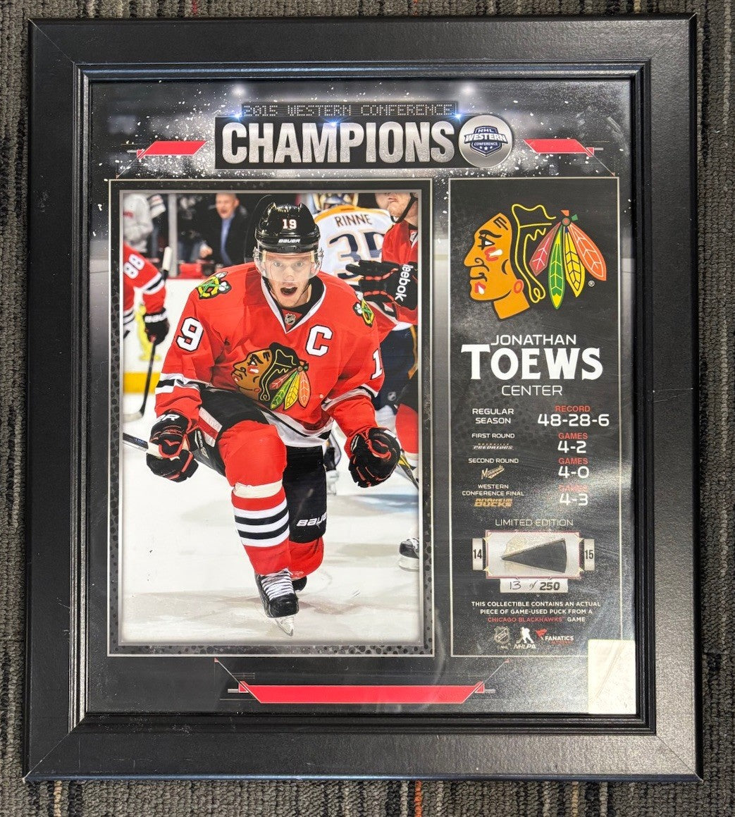 Jonathan Toews 2015 Champions Framed Photo W/ Game Used Puck Relic /250 Fanatics