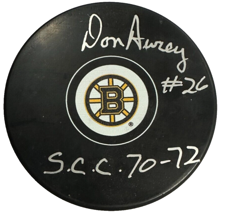 Don Awrey Autographed Boston Bruins Hockey Puck W/ SCC 70-72 Insc BAS