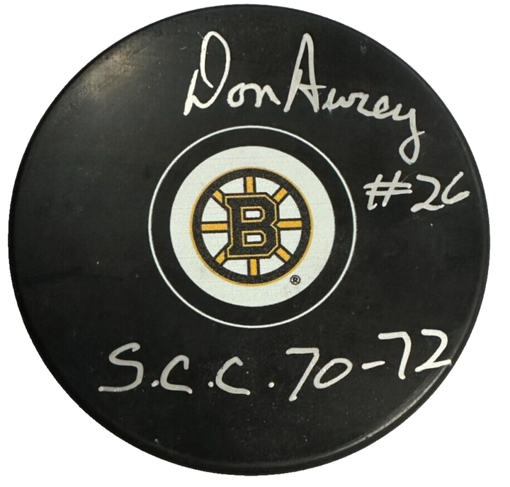 Don Awrey Autographed Boston Bruins Hockey Puck W/ SCC 70-72 Insc BAS