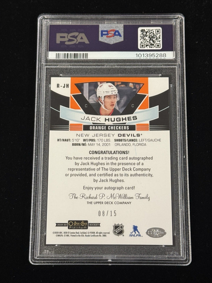 2019 Jack Hughes OPC Platinum Rookie Auto Orange Checkers /15 PSA 10 On Card