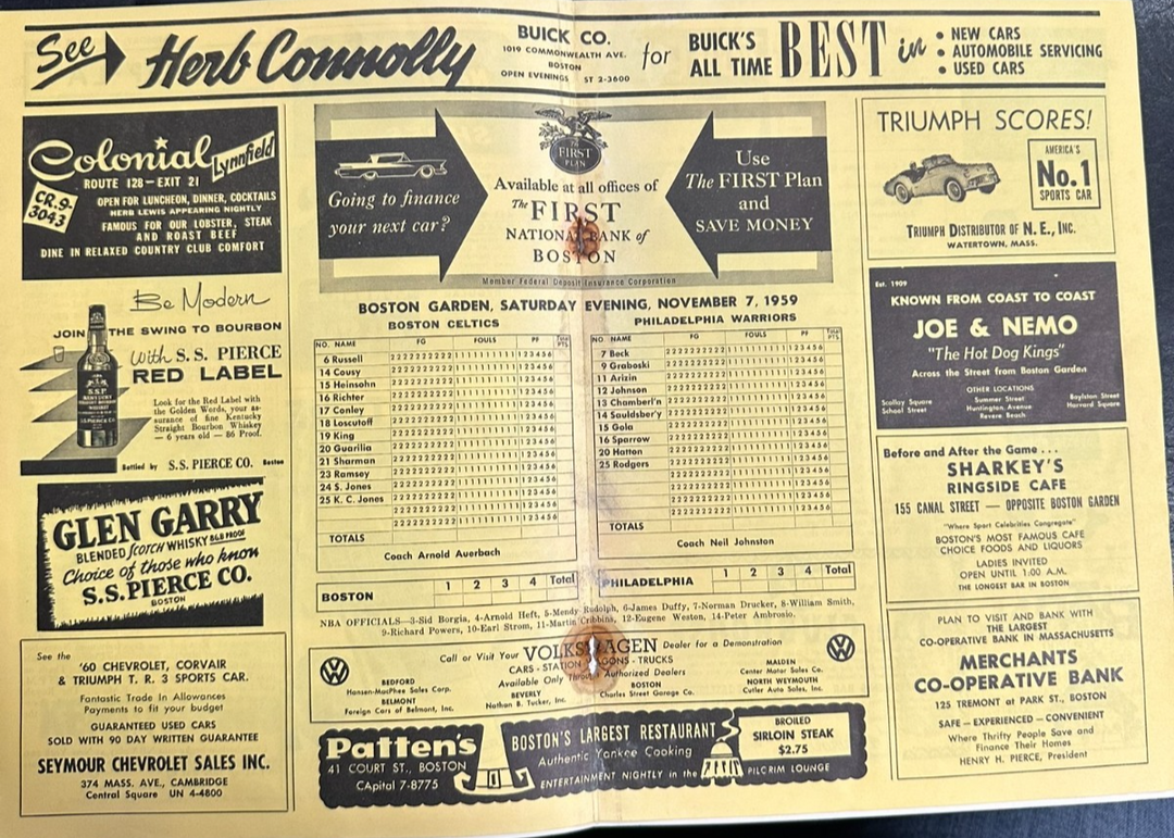 Bob Cousy Signed 1959 Celtics & Warriors Program Chamberlain 1st Game Vs Russell