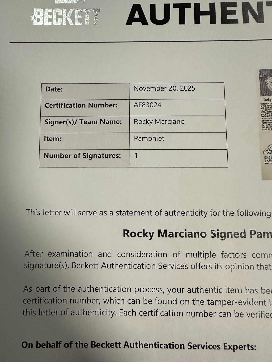 Rocky Marciano Autographed 1950's Great Moments in Sports Booklet BAS